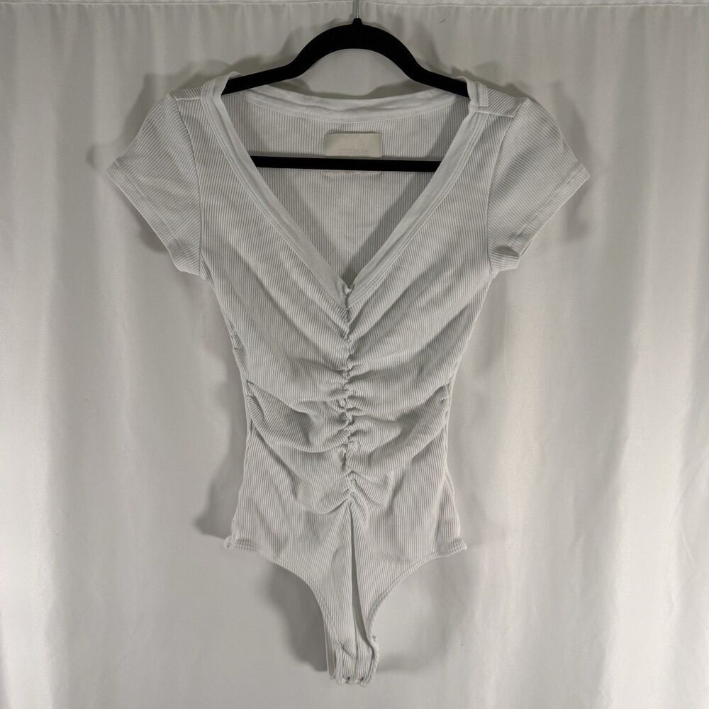 Citizens of Humanity Bodysuit Women's XS White Ribbed Short Sleeve Vneck Snap